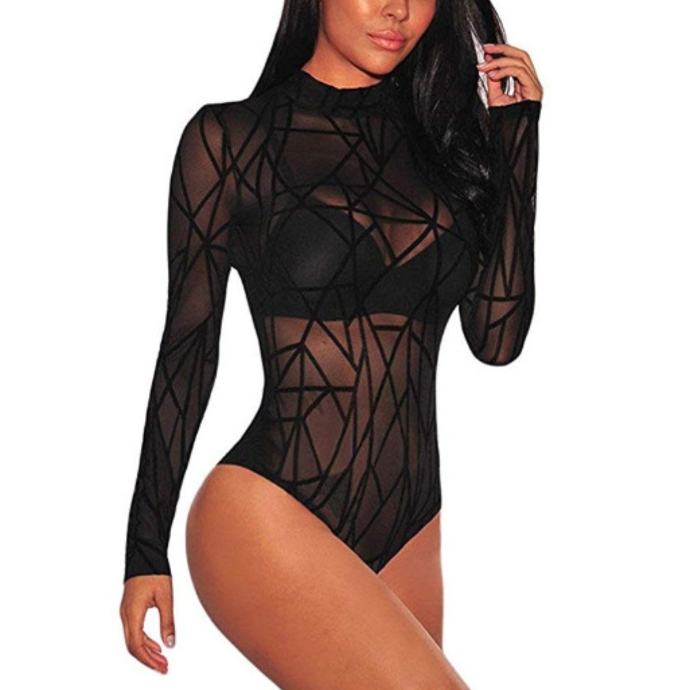 Sexy Rhinestone See Through Mesh Clubwear Bodysuit